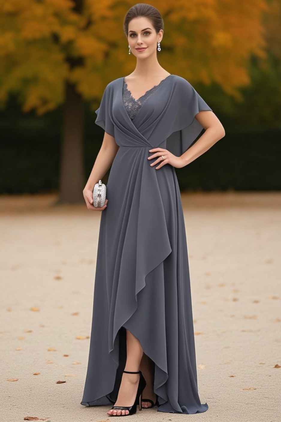 Wedding Dress Grey V Neck Lace Maxi Mother of the Bride Dress