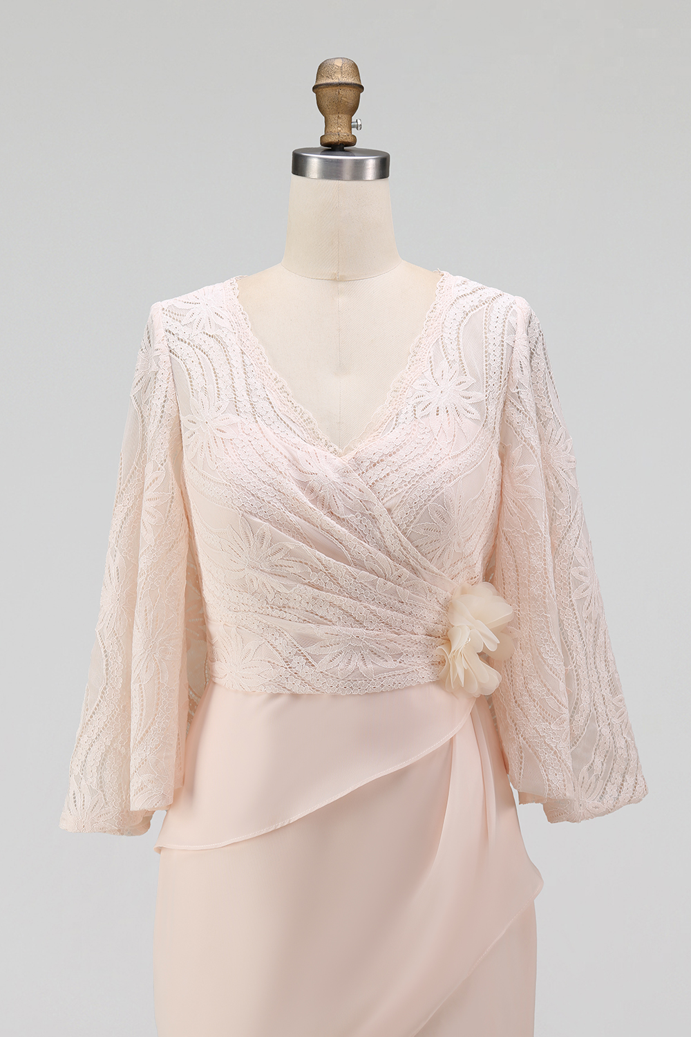 Mother of the Bride Dress Apricot Lace V Neck Flower Maxi Dress