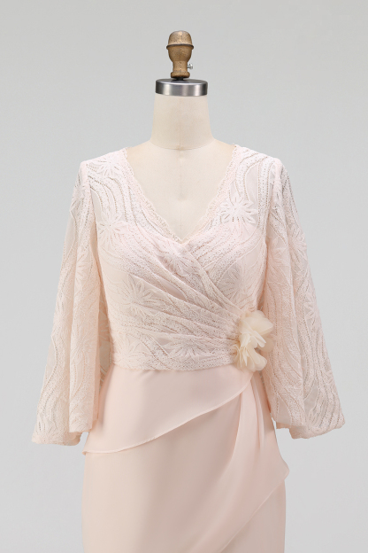 Mother of the Bride Dress Apricot Lace V Neck Flower Maxi Dress