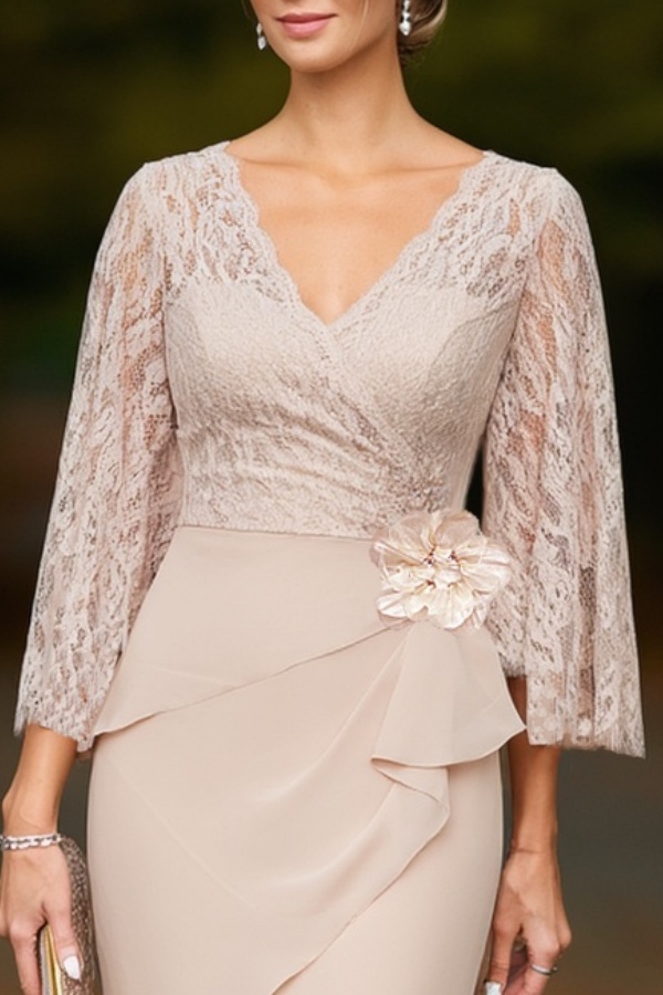 Wedding Dress Apricot V Neck Lace Maxi Mother of the Bride Dress