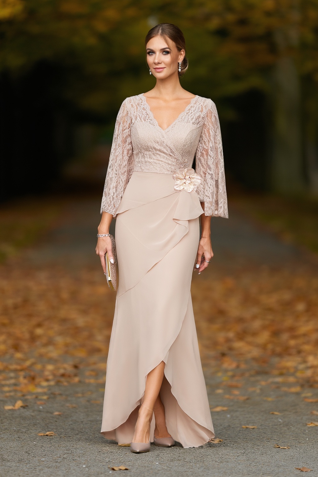 Wedding Dress Apricot V Neck Lace Maxi Mother of the Bride Dress