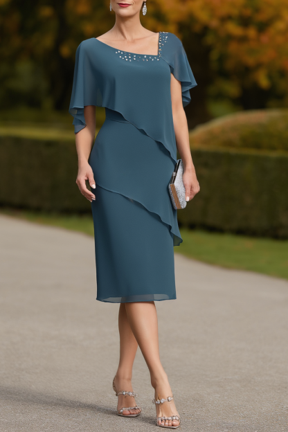 Wedding Dress Blue V Neck Layer Knee-Length Mother of the Bride Dress