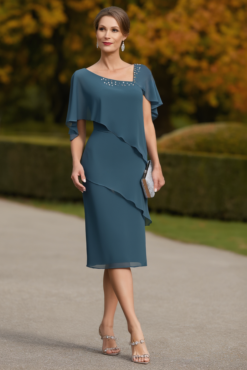 Wedding Dress Blue V Neck Layer Knee-Length Mother of the Bride Dress