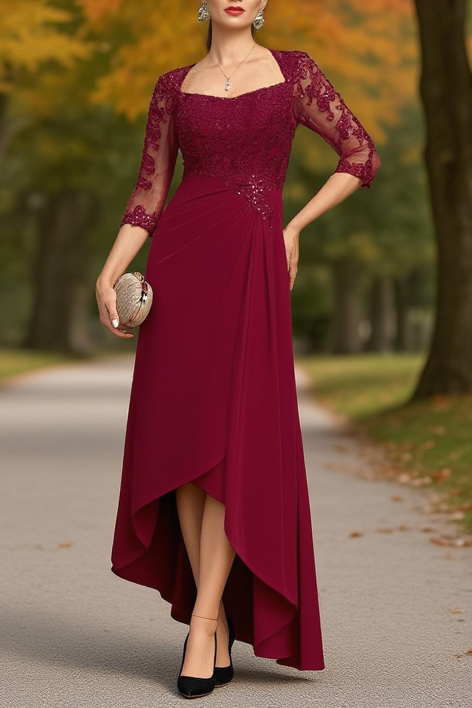 Wedding Dress Burgundy Sweetheart Neck Lace Maxi Mother of the Bride Dress