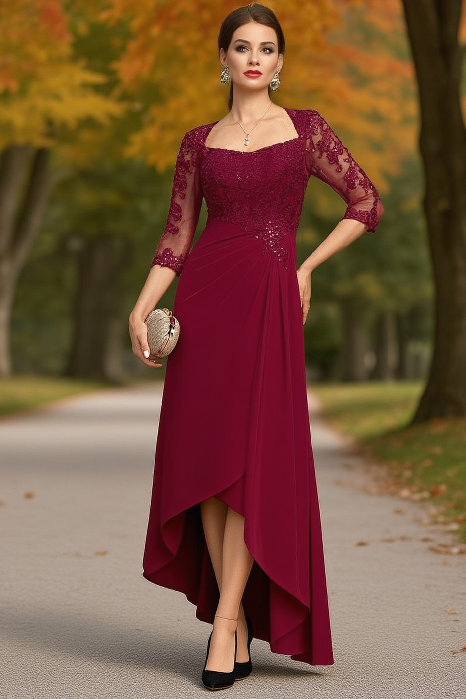Wedding Dress Burgundy Sweetheart Neck Lace Maxi Mother of the Bride Dress