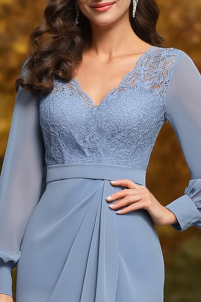 Wedding Dress Blue V Neck Midi Mother of the Bride Dress