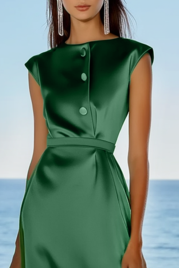 Wedding Guest Dress Green Crew Neck Sleeveless Midi Satin Dress