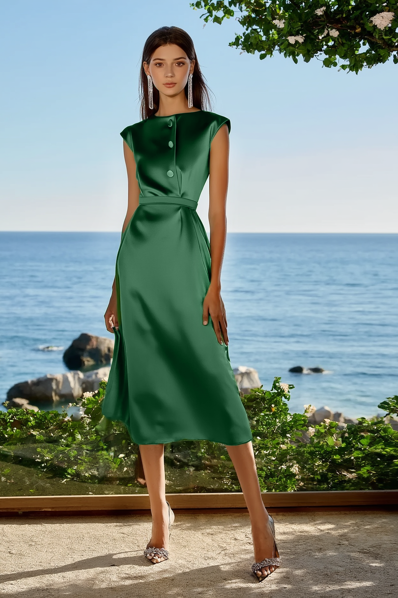 Wedding Guest Dress Green Crew Neck Sleeveless Midi Satin Dress