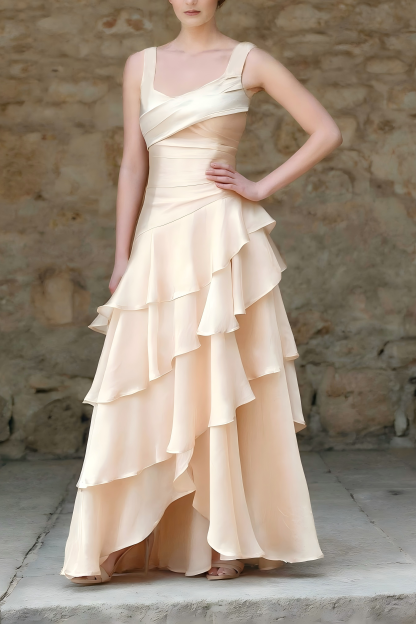 Formal Wedding Guest Dress Beige U Neck Sleeveless Maxi Tiered Dress