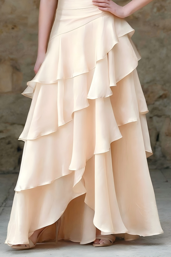 Formal Wedding Guest Dress Beige U Neck Sleeveless Maxi Tiered Dress