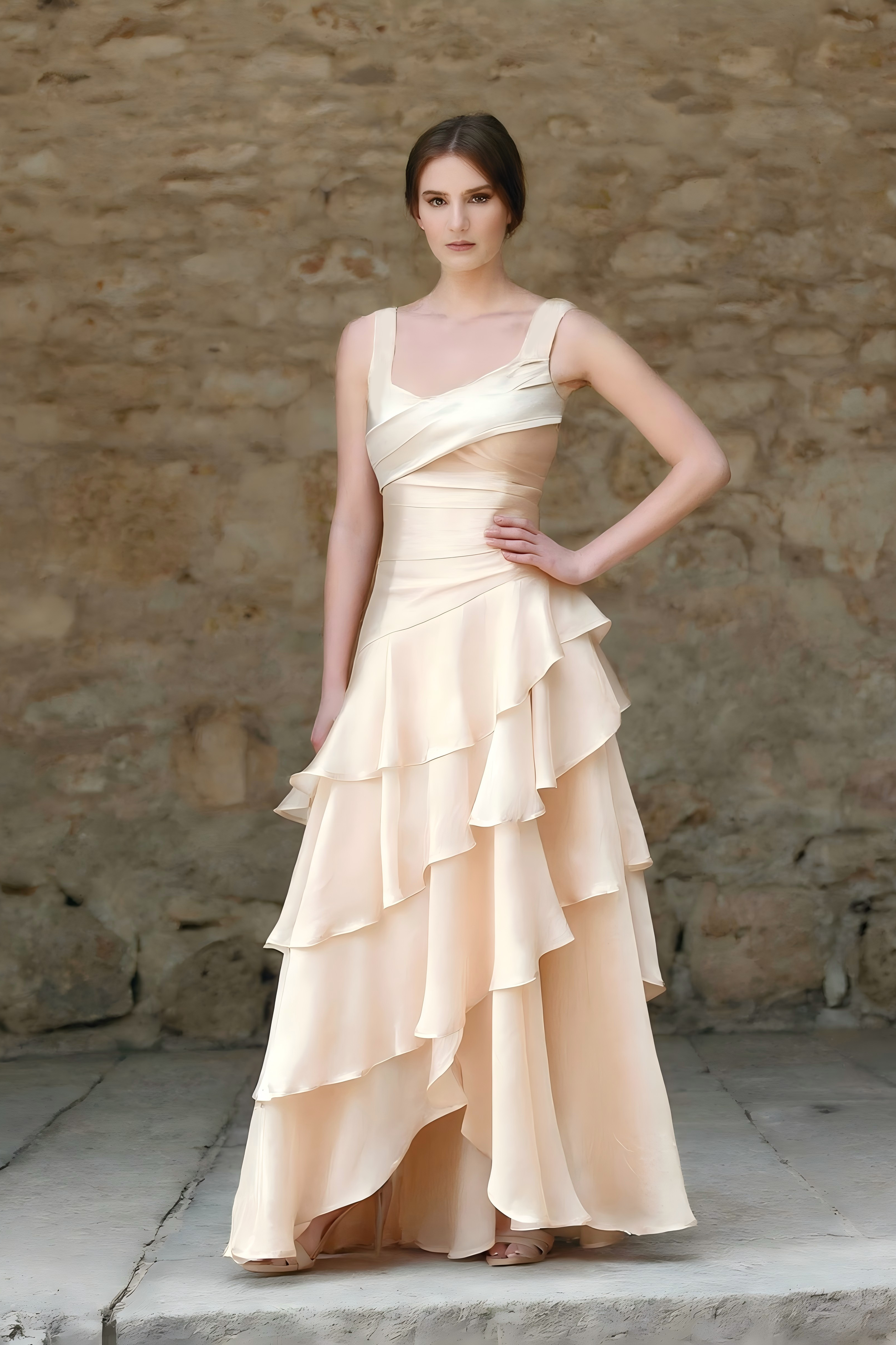 Formal Wedding Guest Dress Beige U Neck Sleeveless Maxi Tiered Dress