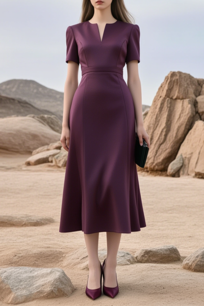 Cocktail Party Dress Purple Crew Neck Midi Dress