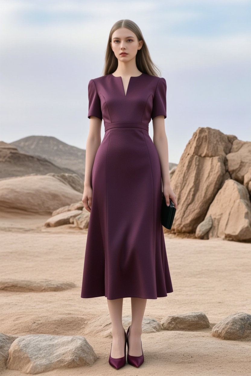 Cocktail Party Dress Purple Crew Neck Midi Dress