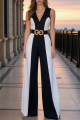 Work Business Jumpsuit Black White V Neck Belted Jumpsuit