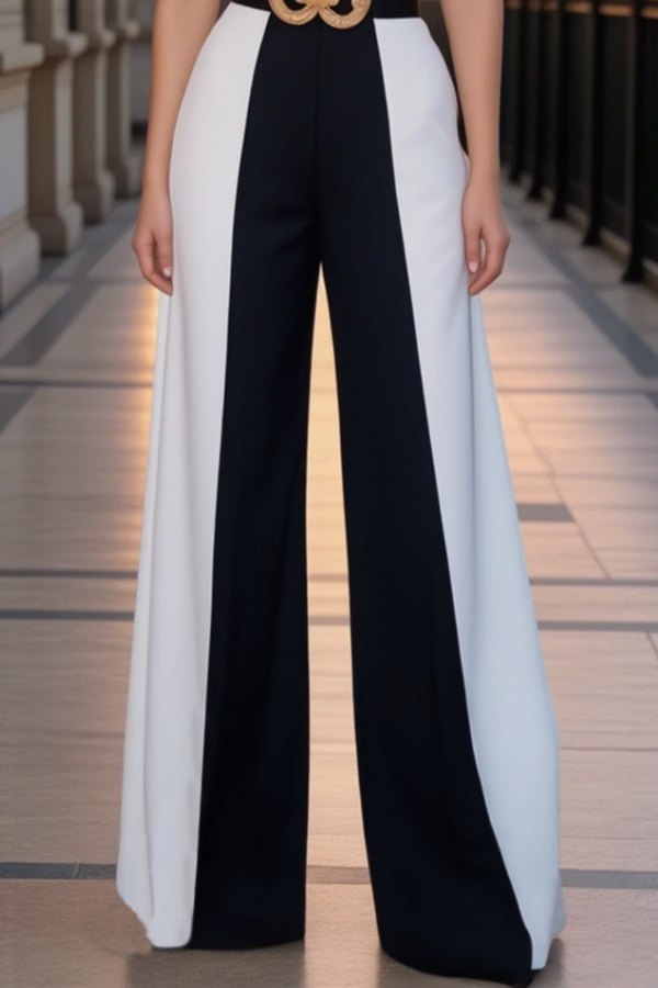 Work Business Jumpsuit Black White V Neck Belted Jumpsuit