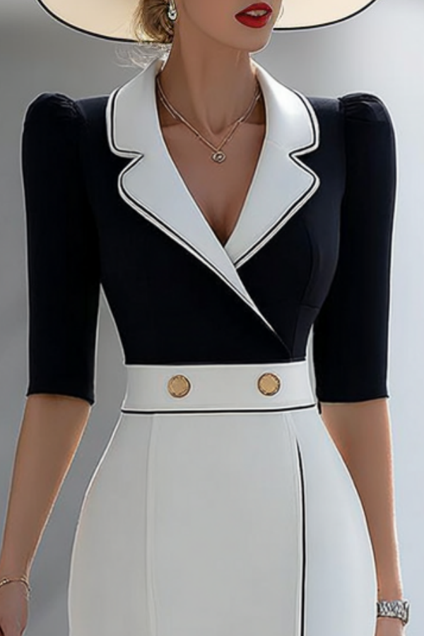 Work Party Dress Black White Lapel Sheath Knee-Length Dress