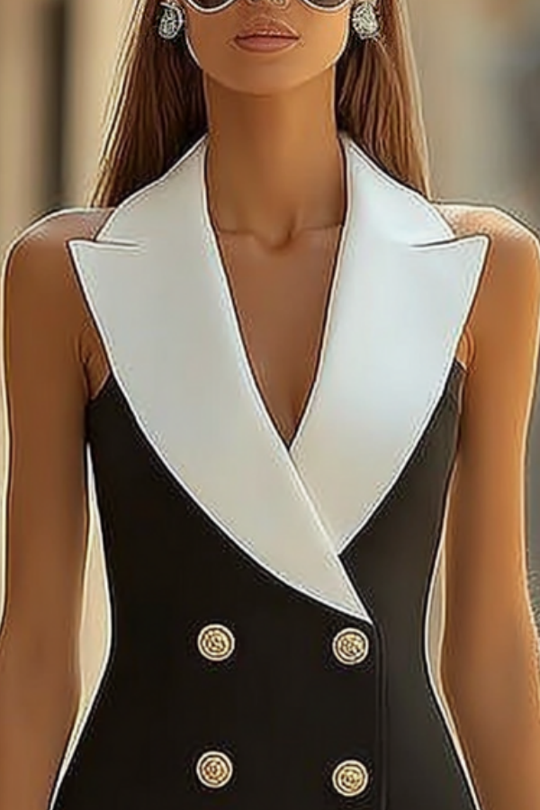 Work Dress Black White Lapel Sheath Mini Dress