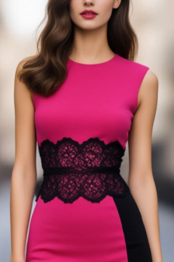 Cocktail Party Dress Neon Pink Crew Neck Lace Knee-Length Dress