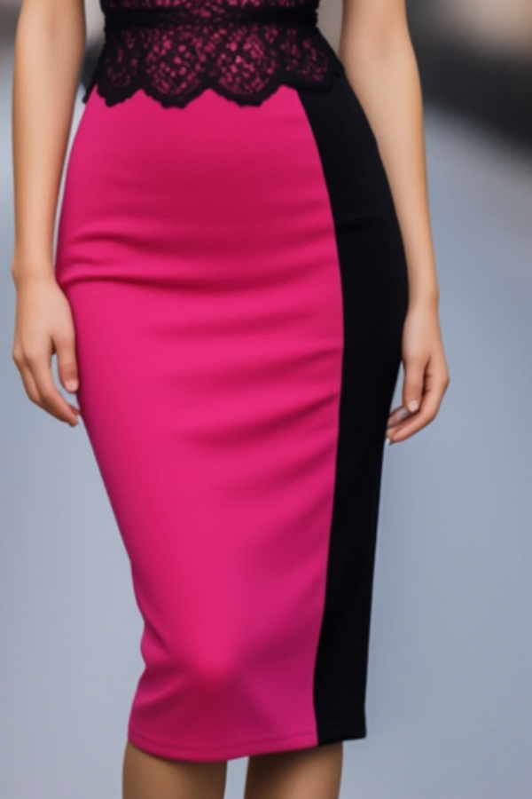 Cocktail Party Dress Neon Pink Crew Neck Lace Knee-Length Dress