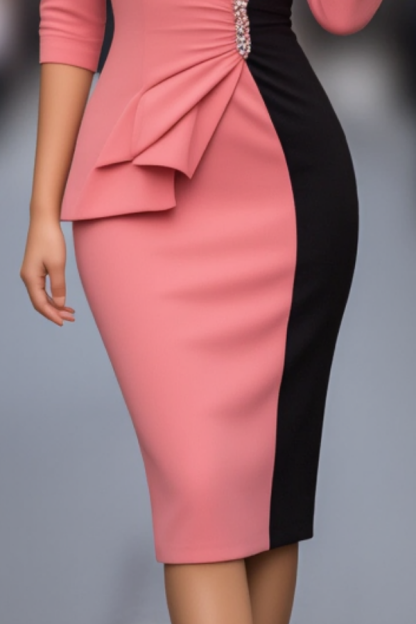 Cocktail Party Dress Neon Pink V Neck Colorblock Knee-Length Dress