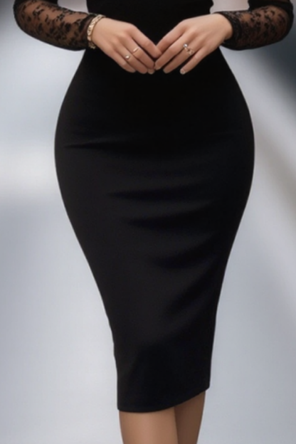 Cocktail Party Dress Black Stand Neck Lace Knee-Length Dress