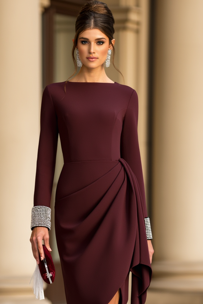 Mother of th Bride Dress Burgundy Boat Neck Long Sleeve Midi Dress