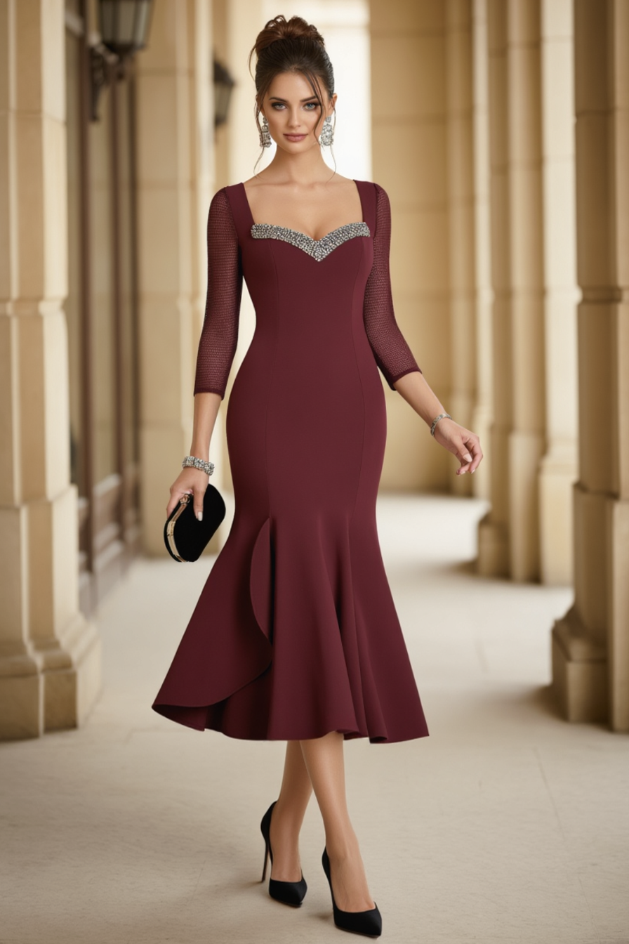 Mother of th Bride Dress Burgundy Sweatheart Neck Mermaid Midi Dress