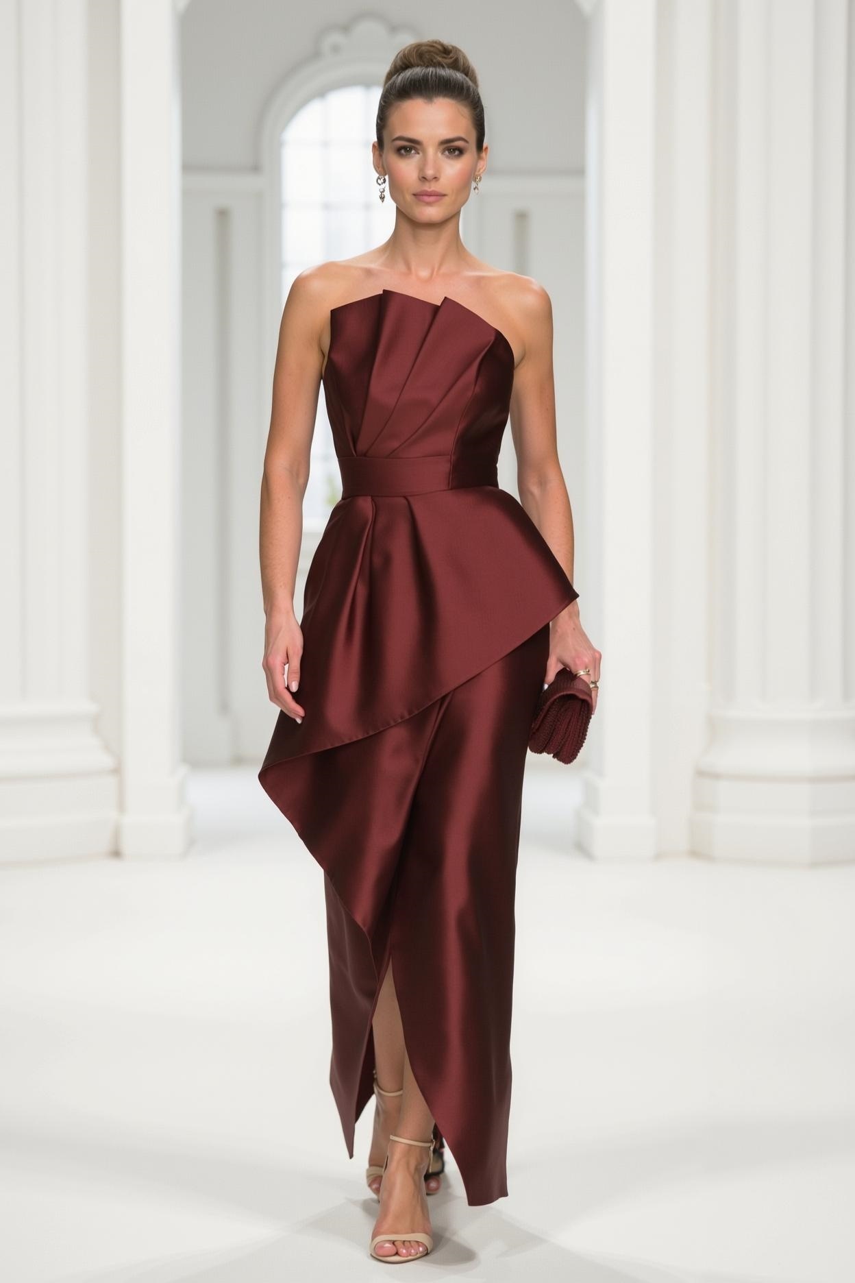 Formal Wedding Guest Dress Burgundy Strapless Ruched Maxi Dress
