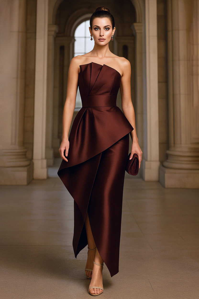 Mother of th Bride Dress Burgundy Strapless Ruched Maxi Dress
