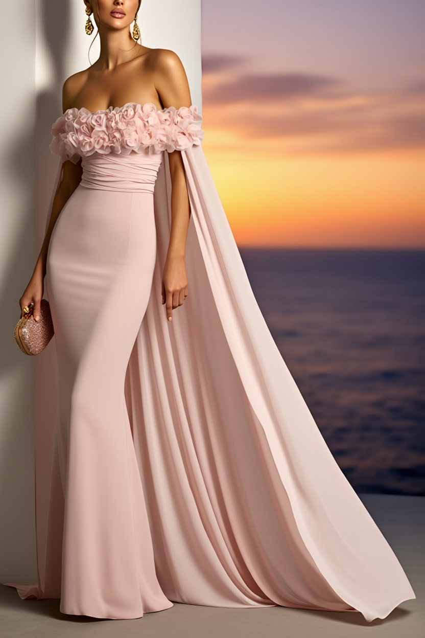 Formal Dress Pink Off Shoulder 3D Floral Cape Maxi Dress