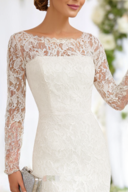 Wedding Dress White Crew Neck Lace Midi Long Sleeve Dress