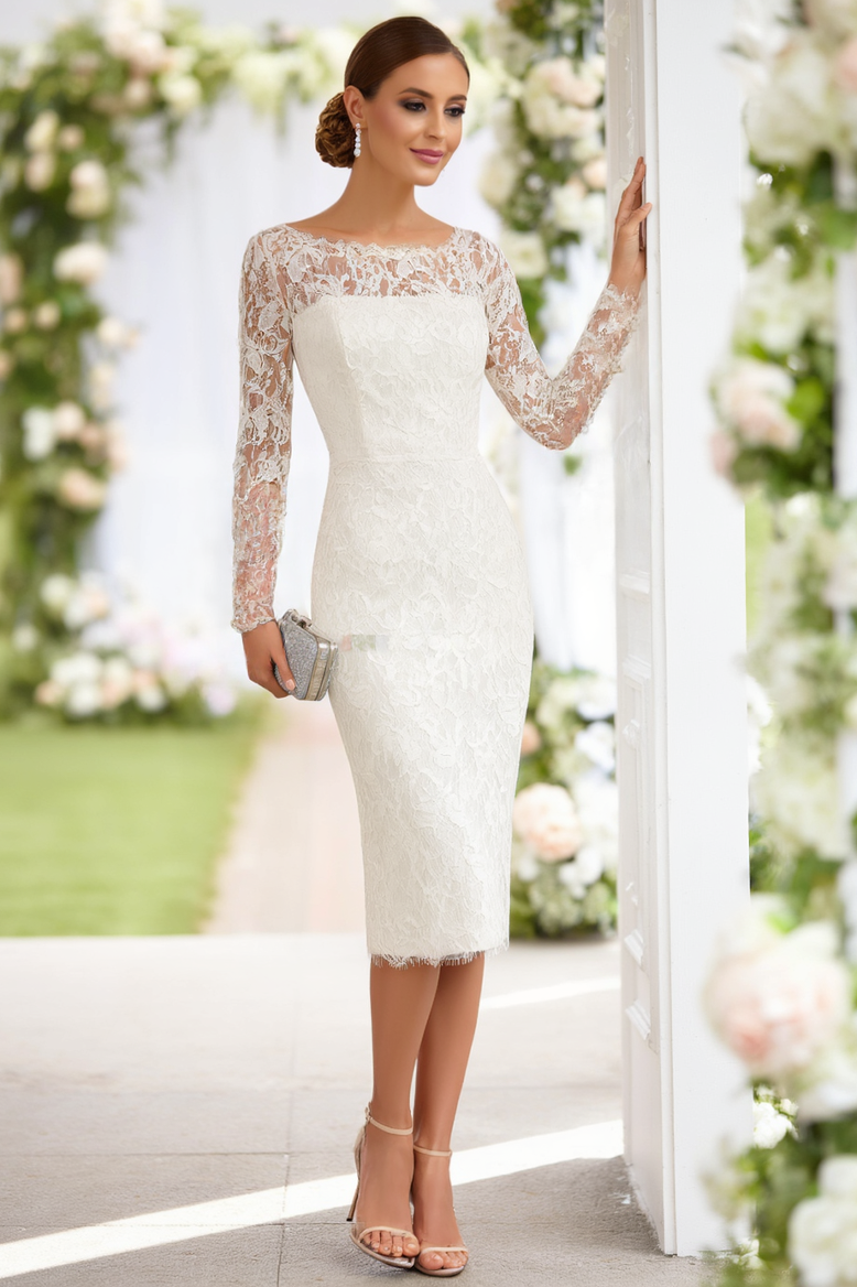 Wedding Dress White Crew Neck Lace Midi Long Sleeve Dress
