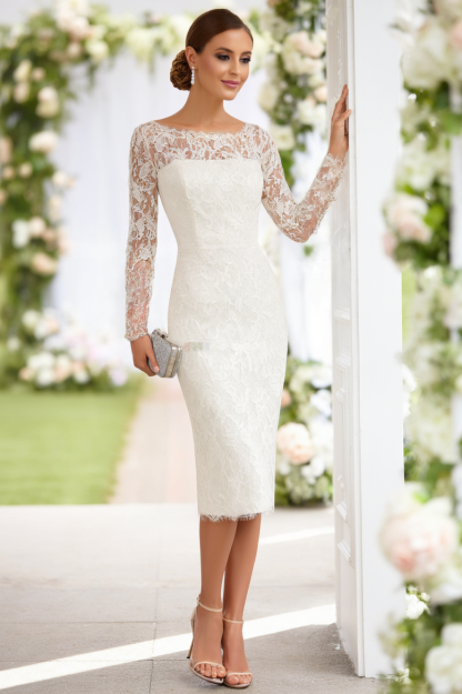 Wedding Dress White Crew Neck Lace Midi Long Sleeve Dress