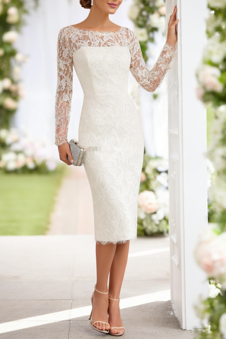 Wedding Dress White Crew Neck Lace Midi Long Sleeve Dress