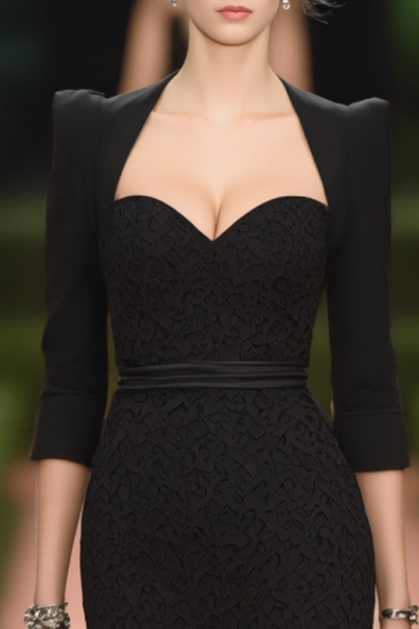 Wedding Guest Dress Black Sweetheart Neck Midi Lace Dress