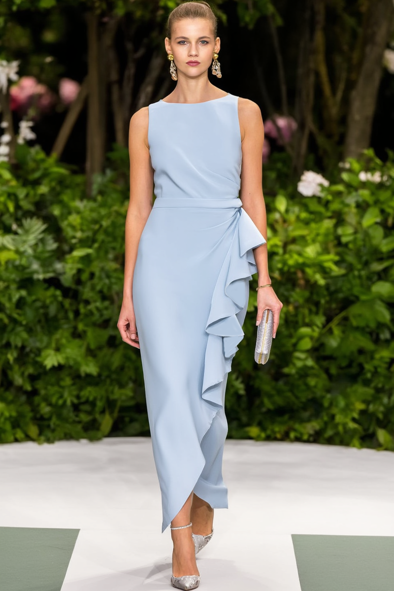 Formal Wedding Guest Dress Crew Neck Ruffle Maxi Dress