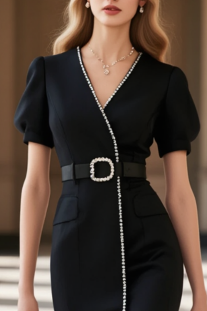 Work Party Dress Black V Neck Sheath Belted Knee-Length Dress