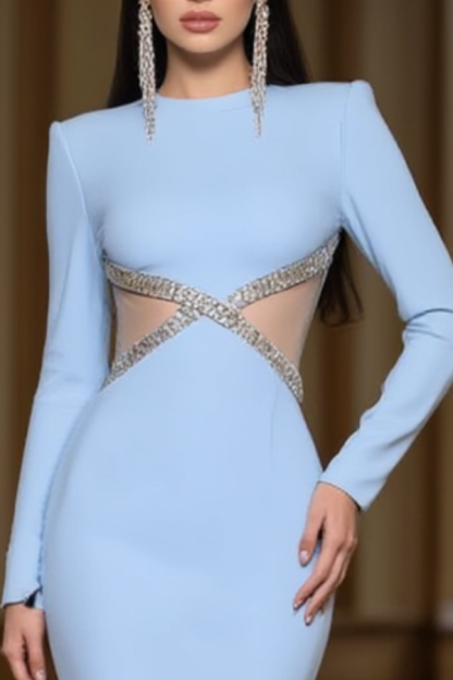 Formal ​Evening Dress Blue V Neck Midi Long Sleeve Dress