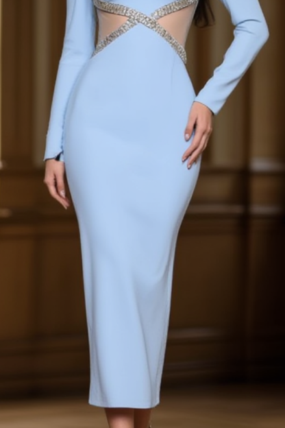 Formal ​Evening Dress Blue V Neck Midi Long Sleeve Dress