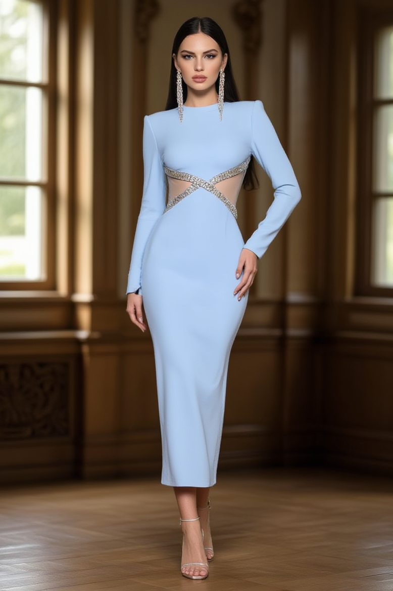 Formal ​Evening Dress Blue V Neck Midi Long Sleeve Dress