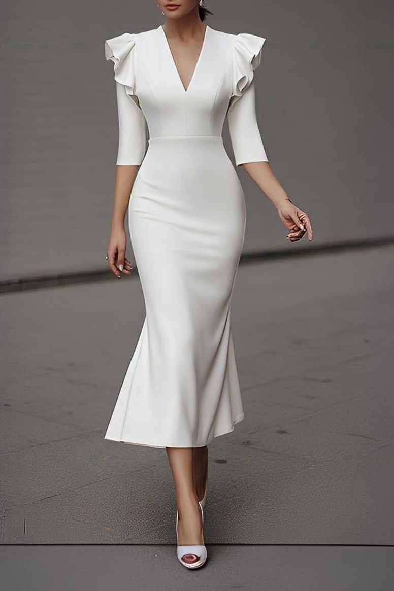 Cocktail Party Dress White V Neck Ruffle Midi Mermaid Dress
