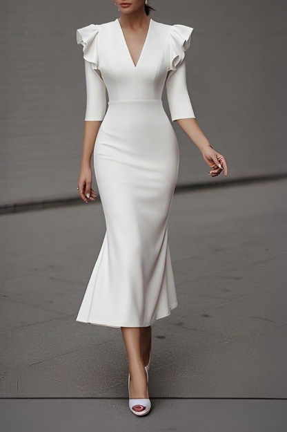 Cocktail Party Dress White V Neck Ruffle Midi Mermaid Dress