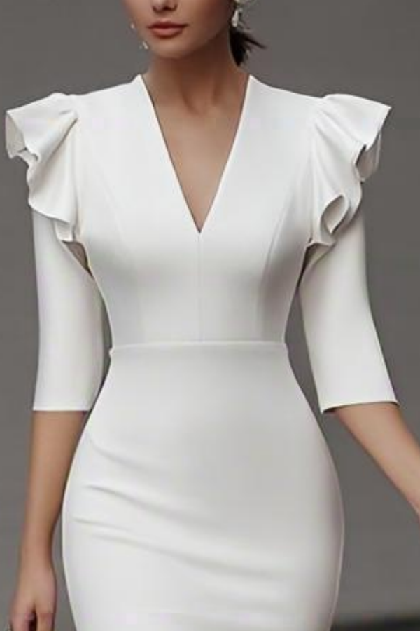 Cocktail Party Dress White V Neck Ruffle Midi Mermaid Dress