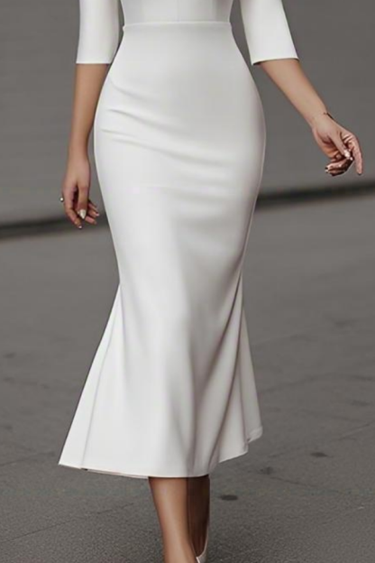 Cocktail Party Dress White V Neck Ruffle Midi Mermaid Dress