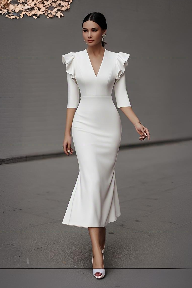 Cocktail Party Dress White V Neck Ruffle Midi Mermaid Dress