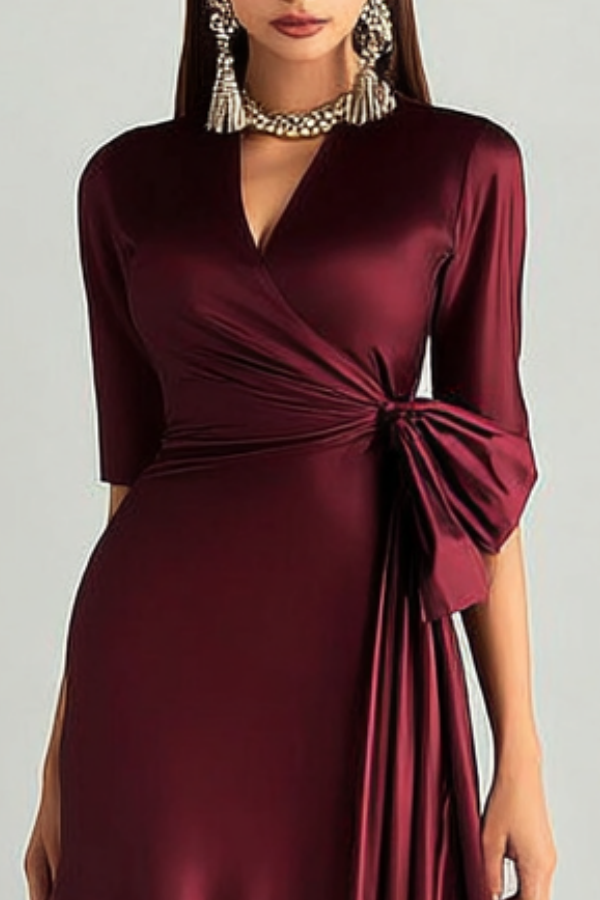 Formal ​Evening Dress Burgundy V Neck Maxi Satin Dress