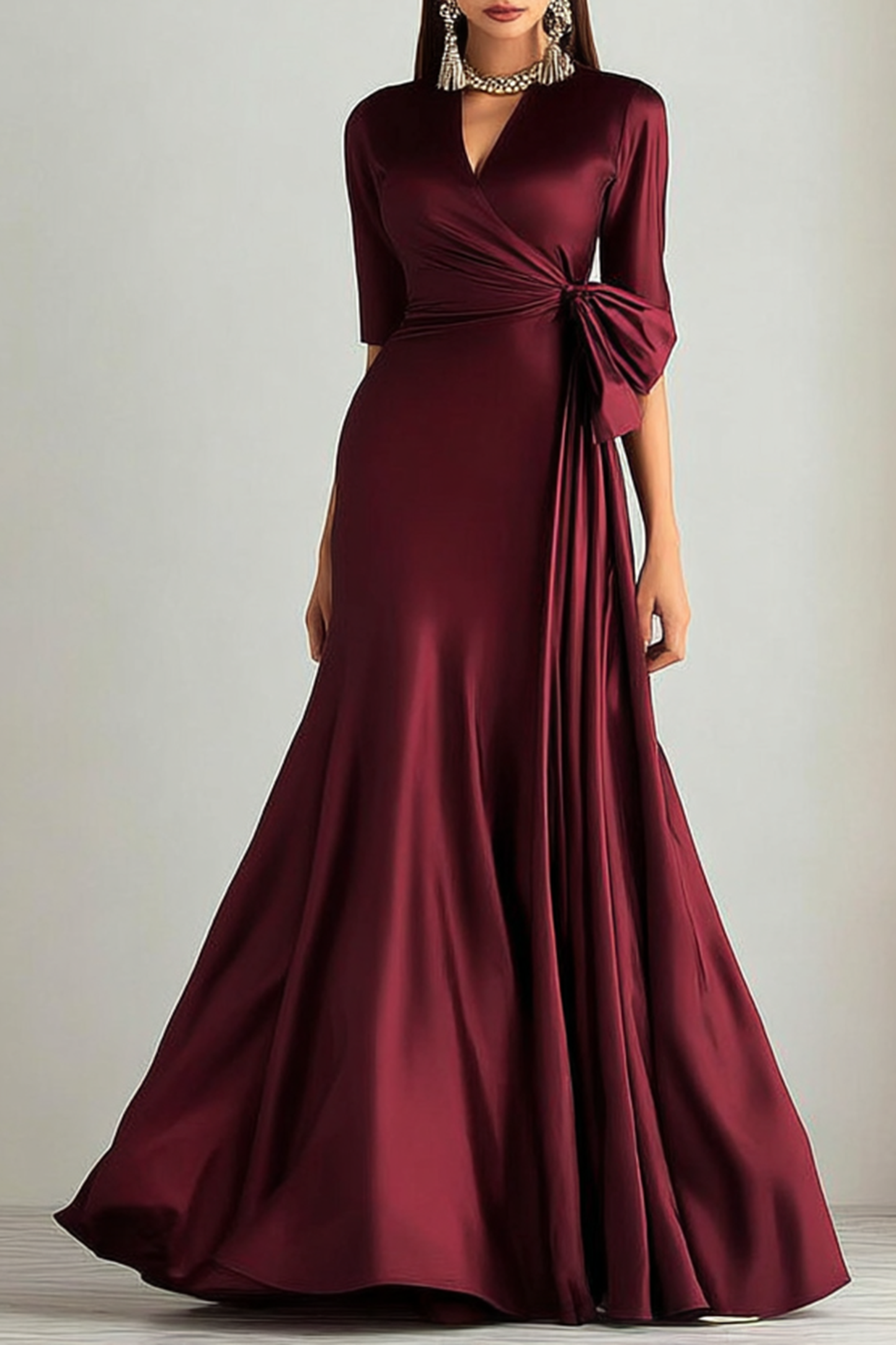 Formal ​Evening Dress Burgundy V Neck Maxi Satin Dress