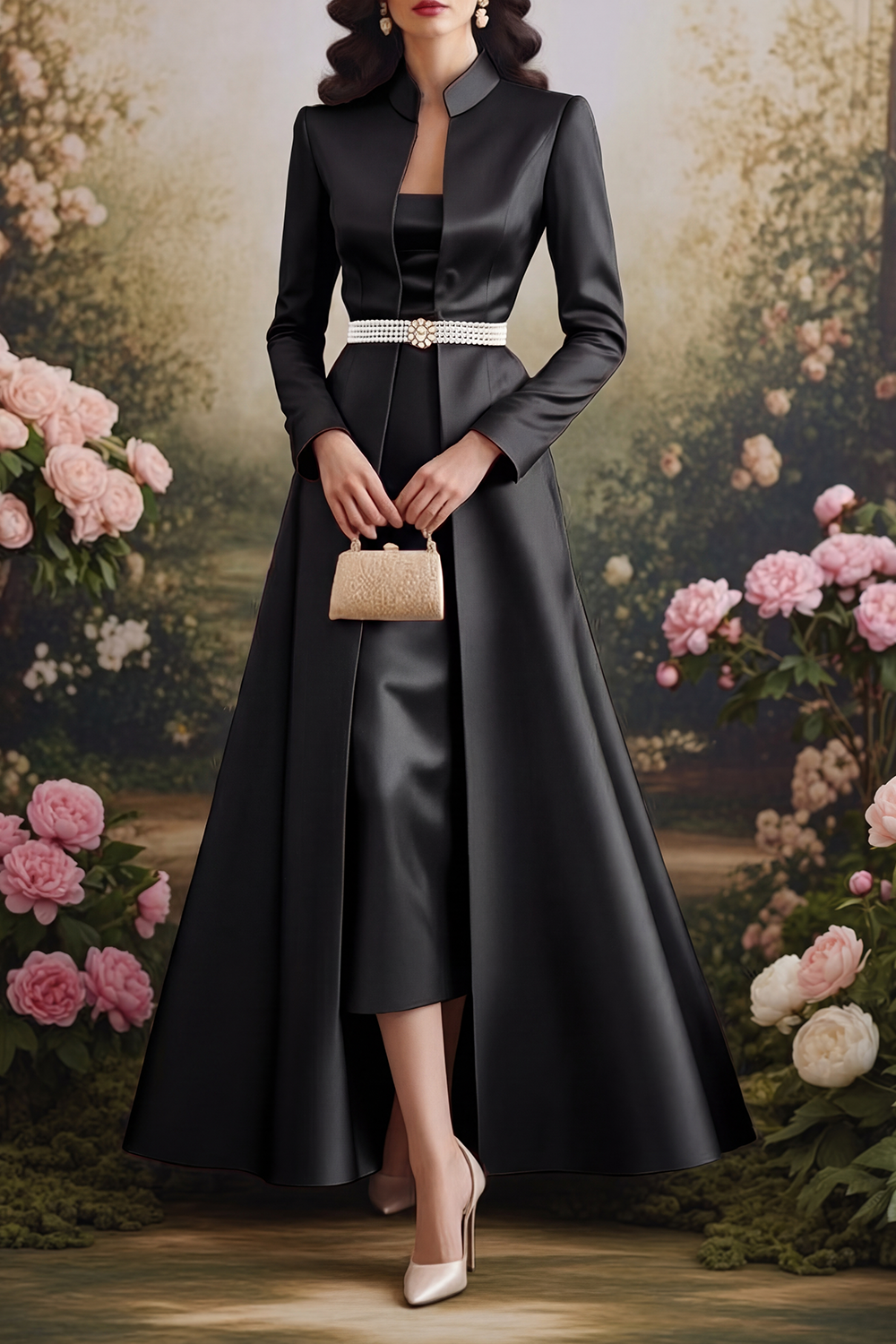 Champagne Formal Set Midi Dress & Maxi Coat with Pearl Belt