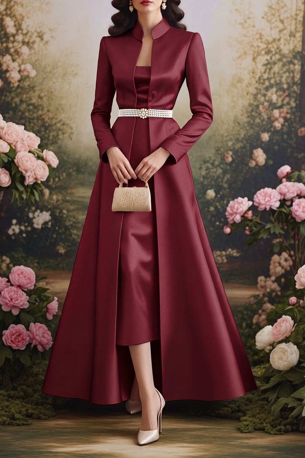 Champagne Formal Set Midi Dress & Maxi Coat with Pearl Belt