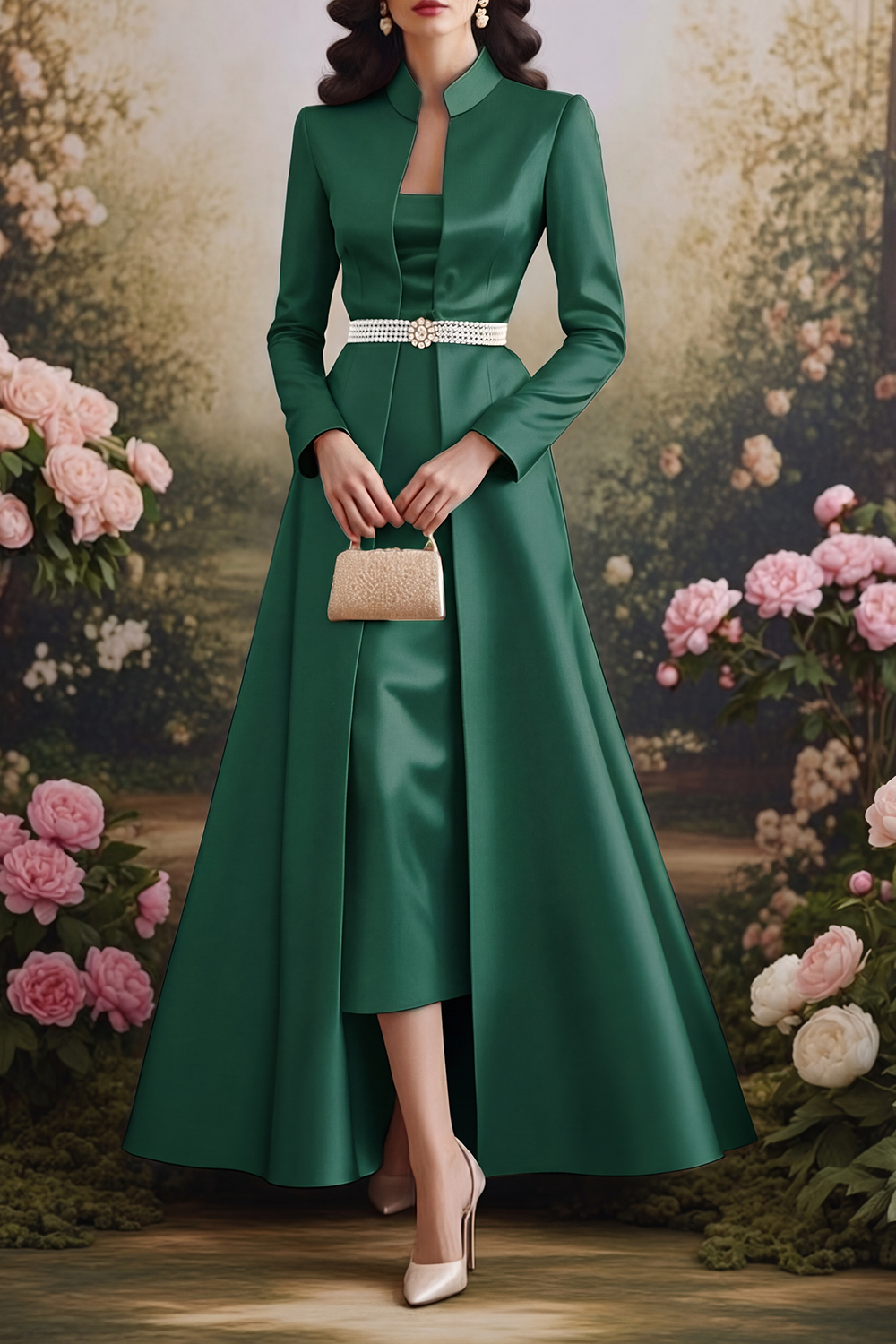 Champagne Formal Set Midi Dress & Maxi Coat with Pearl Belt